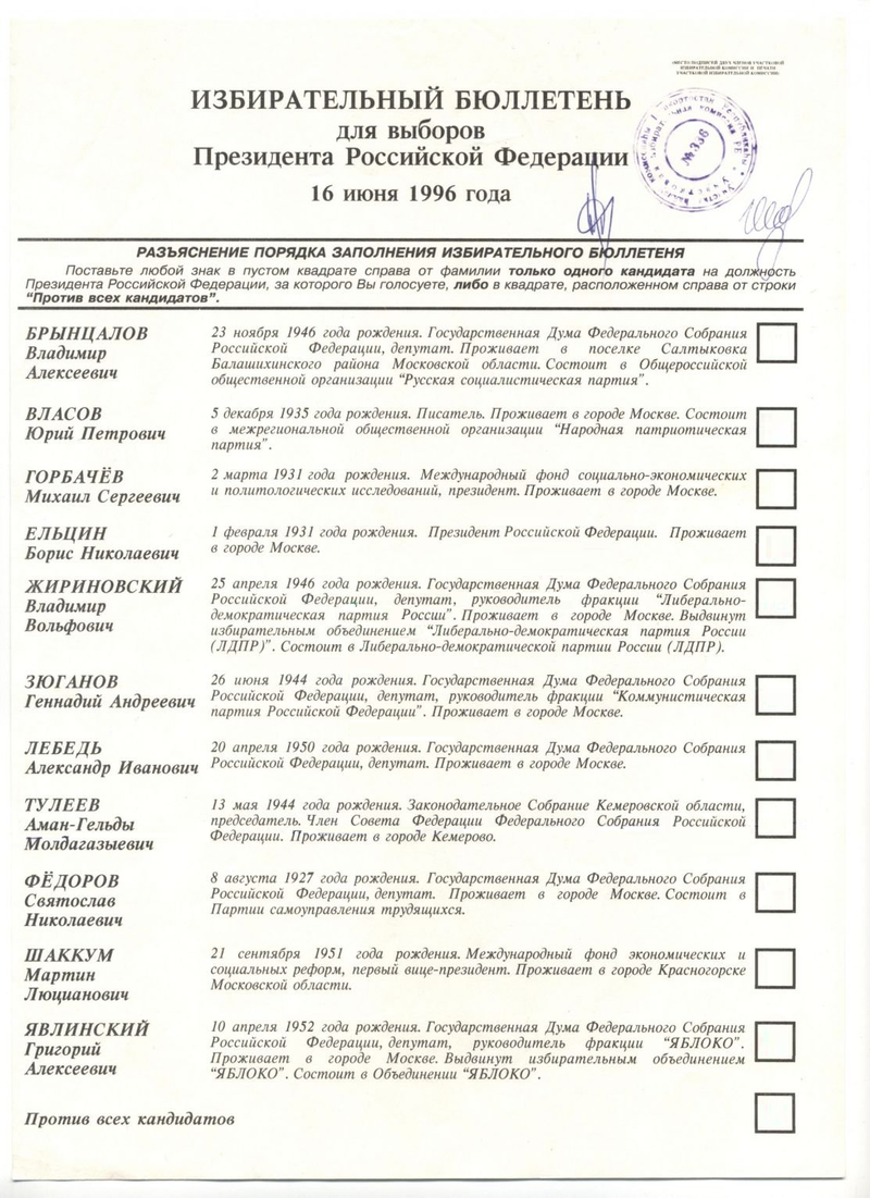 Избирательный бюллетень на выборах 1996 года