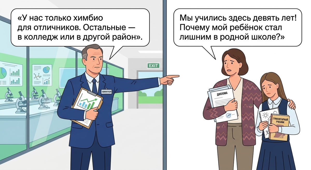 «В нашей школе оставляют только химиков, а гуманитарии пусть едут в промзону за тридевять земель»: директор ставит ультиматум родителям выпускников 9-х классов