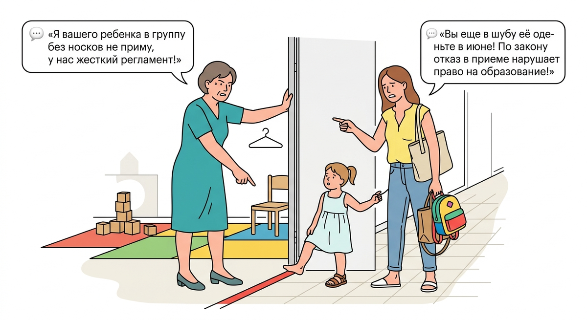 Воспитатель устроила разнос матери 3-летней Алисы из-за отсутствия носков и грозится не пустить ее в группу. Но ведь на улице жара! Какие могут быть носки?