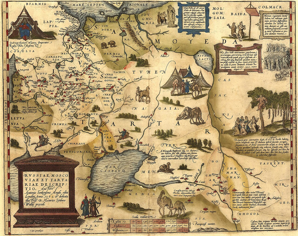 Карта России 1562 года Энтони Дженкинсона, отражающая взгляды того времени. Не является полностью исторически достоверной. Энтони Дженкинсон (ок. 1529–1611) — английский купец, дипломат и путешественник, посетивший Россию во времена Ивана Грозного и составивший одну из первых подробных карт этого региона, опубликованную в 1562 году.