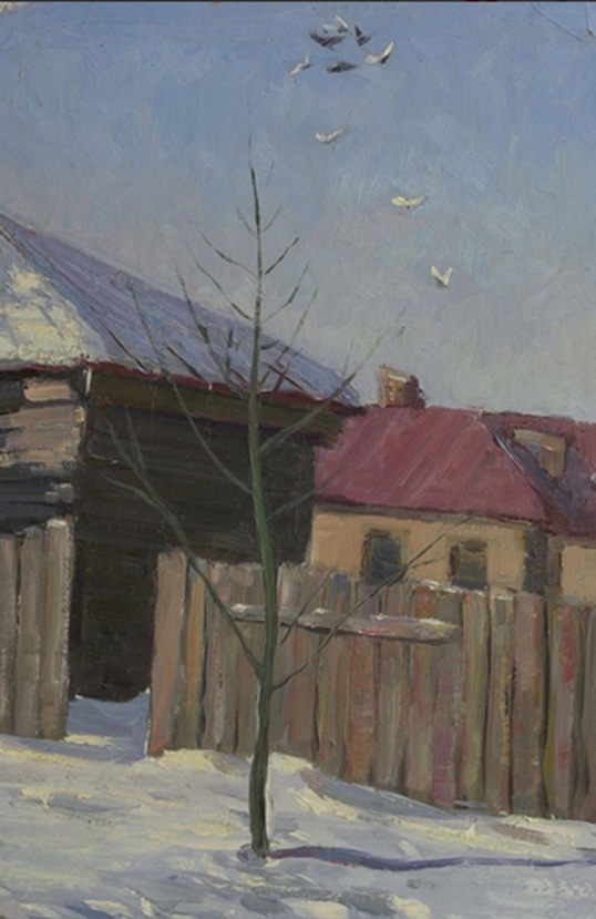 Филимонов. Домик за забором. 1960- гг. Картон, масло. 34 × 23.