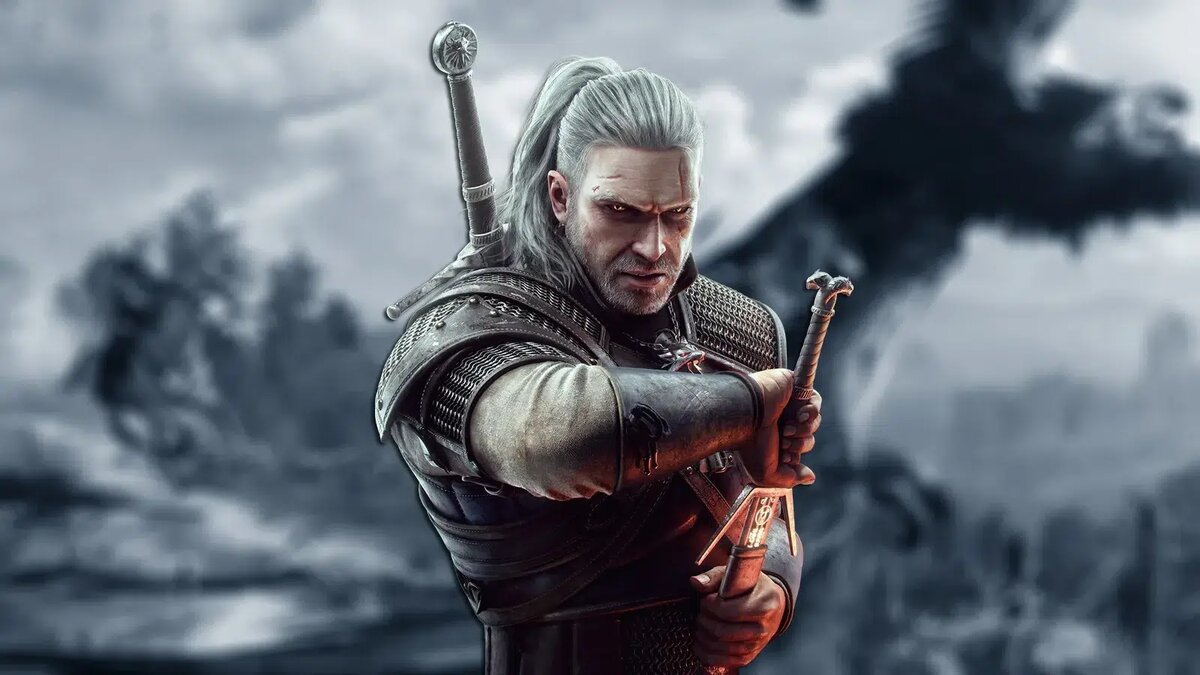    Geralt of Rivia in armor, gripping a drawn sword against a dark, smoky battlefield backdrop.