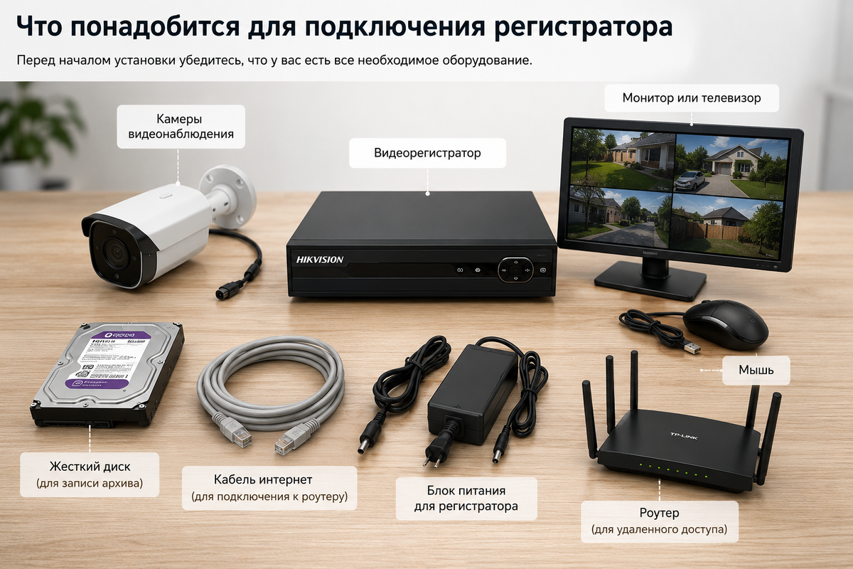 Минимальный комплект оборудования, который понадобится для первого подключения регистратора видеонаблюдения и настройки системы.
