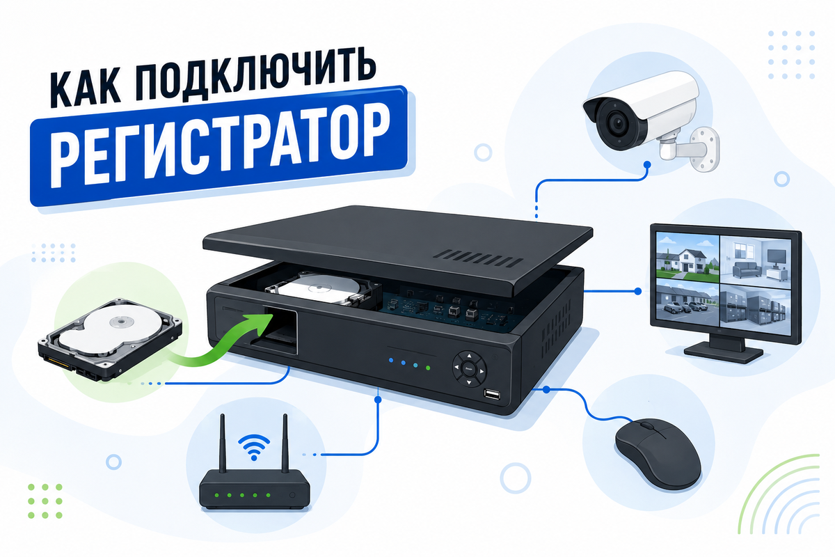 Типовая схема подключения регистратора видеонаблюдения с основными устройствами, необходимыми для записи и просмотра видеоархива.