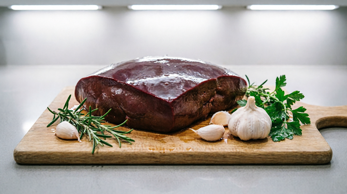 Сырая говяжья печень на кухне