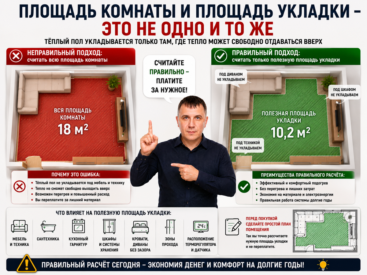 Площадь комнаты и площадь укладки — это не одно и то же