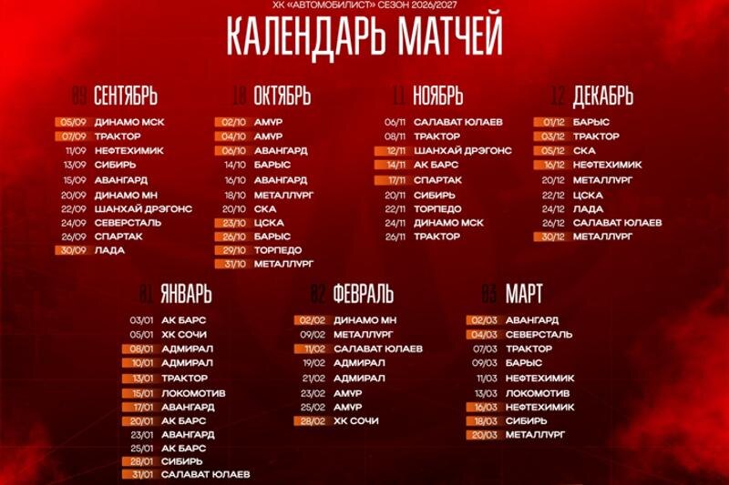    Фото: пресс-служба ХК «Автомобилист». Календарь матчей ХК «Автомобилист» на сезон КХЛ 2026/2027