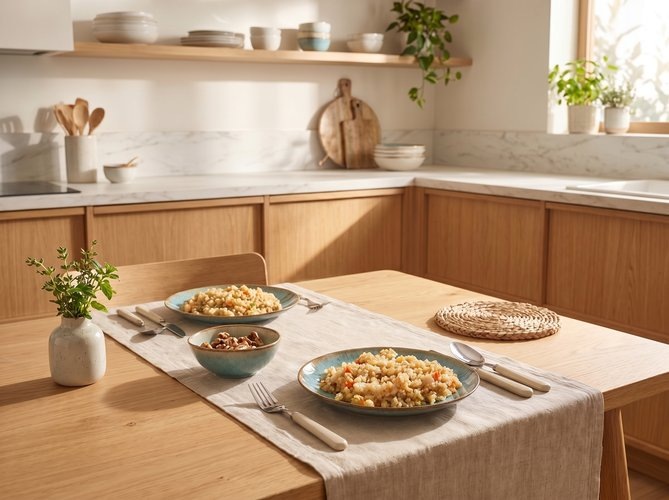 вариант для завтрака - булгур с киноа и овощами и грецкими орехами