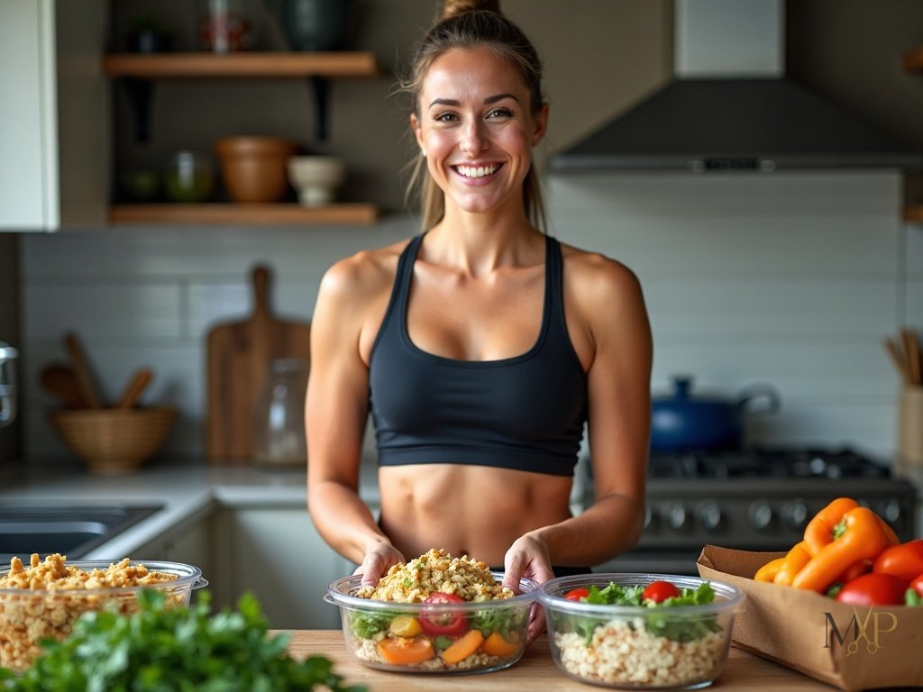    Athlete woman preparing meal preps in the kitchen, displaying healthy balanced meals in containers, bright, sharp, high contrast visuals.