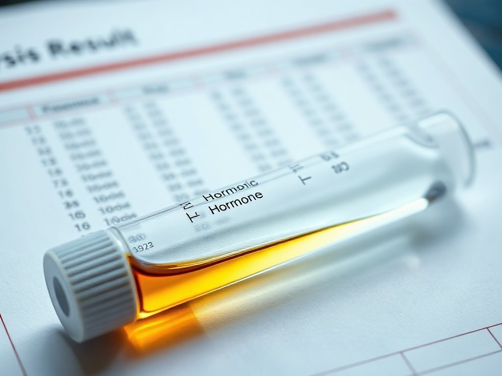    A laboratory test tube filled with a hormonal solution, set against a background of a sheet with analysis results, bright, sharp, high contrast.