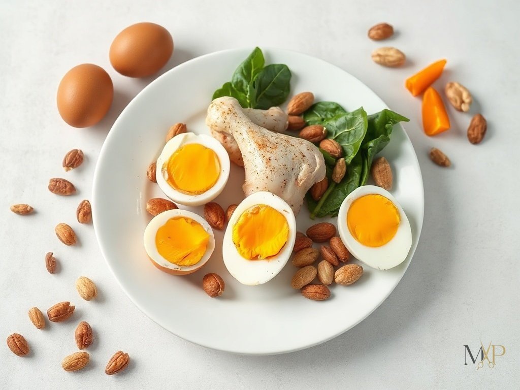    A vibrant, clear, and high-contrast image of a nutritious plate featuring protein-rich foods such as chicken, eggs, nuts, and greens.