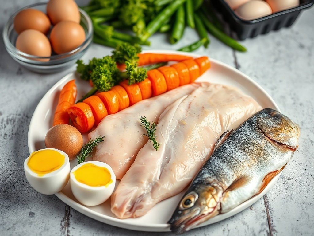    Assorted protein sources: chicken fillet, eggs, fish on a kitchen table, vibrant, sharp, high contrast.