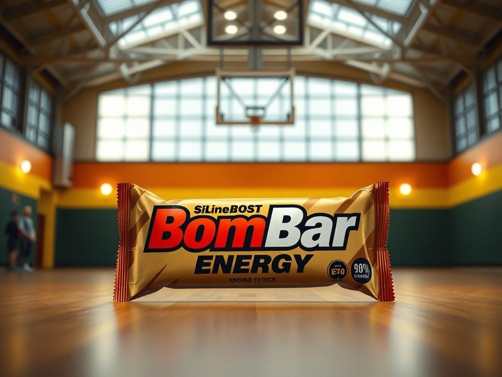    BomBar energy bar packaging displayed prominently against the backdrop of a vibrant, well-lit gym. Bright, sharp, and high-contrast visual style.