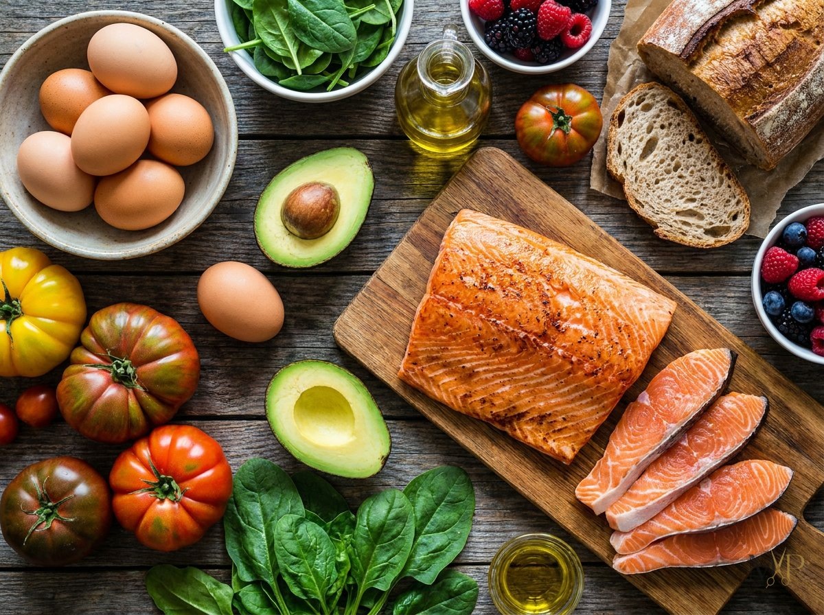    Healthy food items like eggs, avocado, and salmon displayed on a wooden table, vibrant, sharp, and high-contrast.