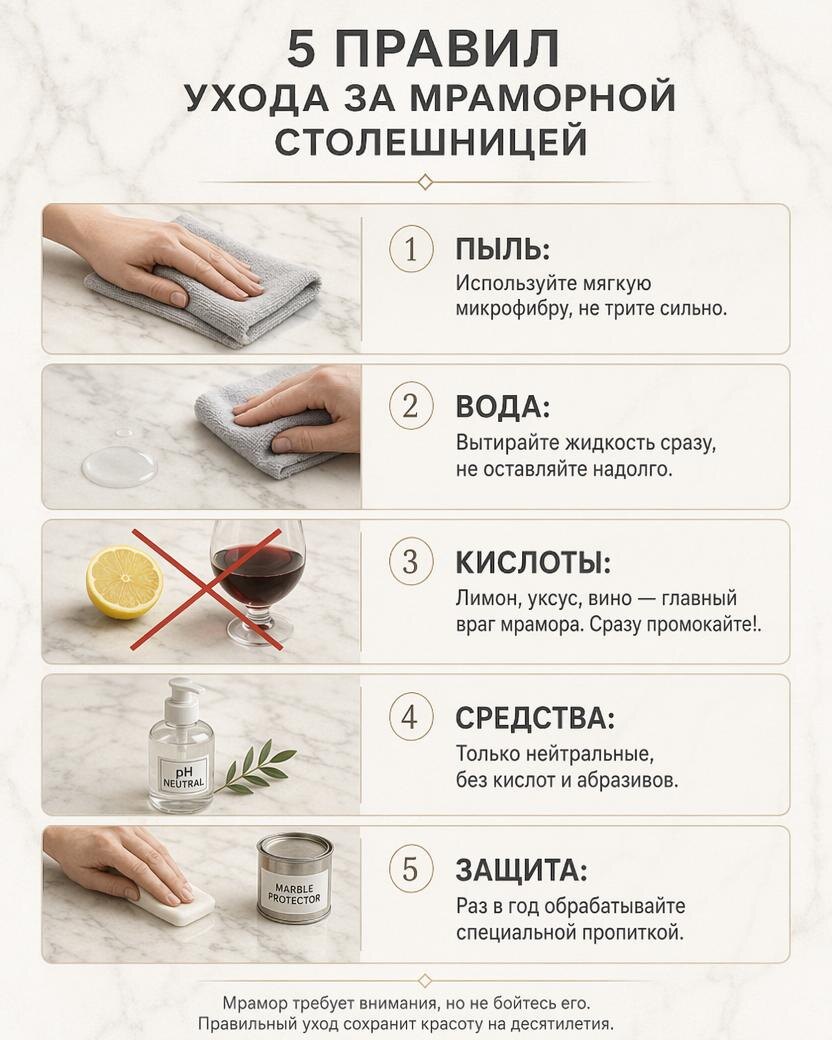 Уход за мраморной столешницей