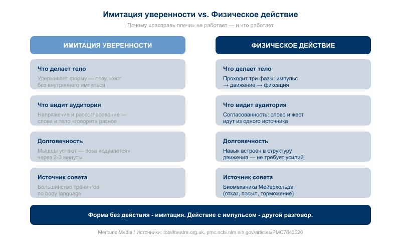 Сравнение двух стратегий: удержание позы как формы против выстраивания действия через импульс — движение — фиксацию