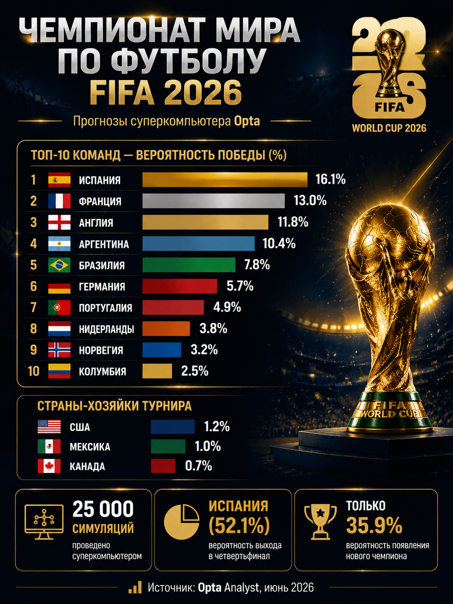 Прогноз на победителя чемпионата мира 2026 по футболу от суперкомпьютера OPTA