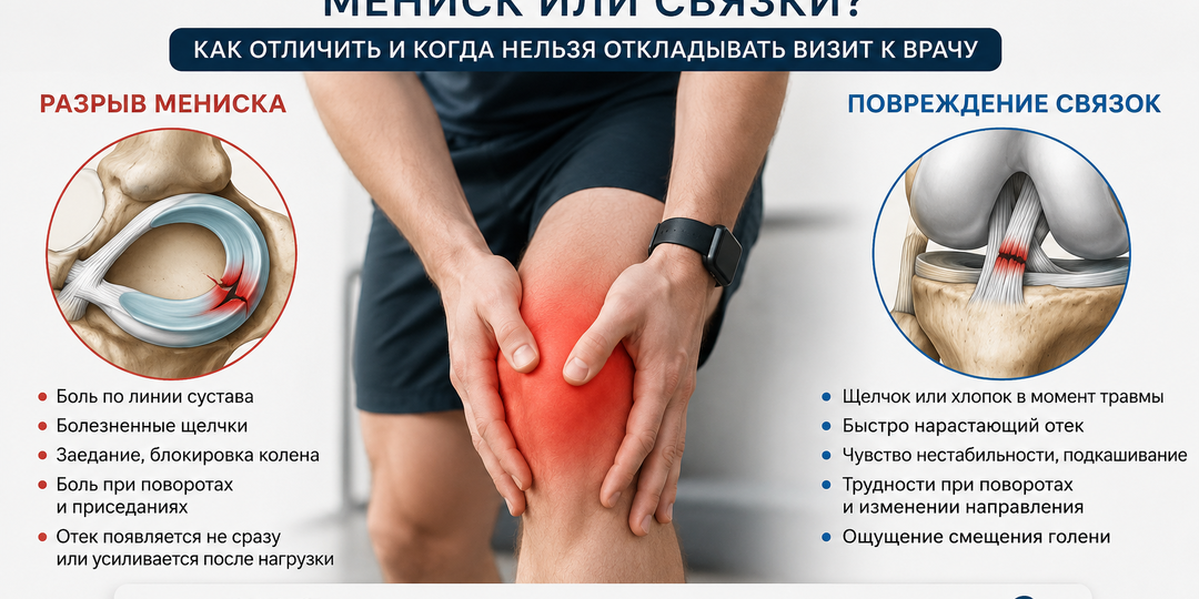 Болит колено: как отличить повреждение мениска от разрыва связок и в каких случаях нужен врач