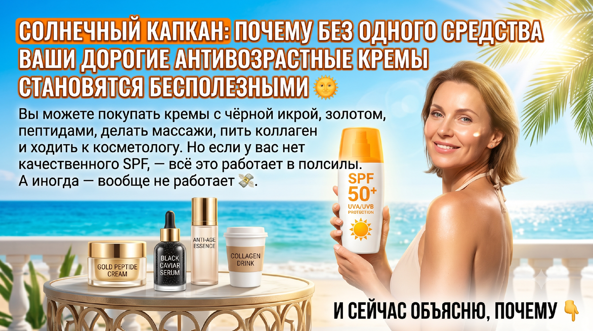 Вы можете покупать кремы с чёрной икрой, золотом, пептидами, делать массажи, пить коллаген и ходить к косметологу.  Но если у вас нет качественного SPF, — всё это работает вполсилы.  А иногда — вообще не работает 💸.И сейчас объясняю, почему