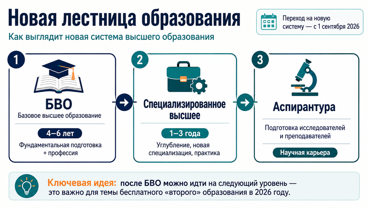 Схема системы высшего образования РФ с 1 сентября 2026 года. Три ступени: 1) Базовое высшее (БВО, 4–6 лет); 2) Специализированное высшее (1–3 года, фокус на практику); 3) Аспирантура. 