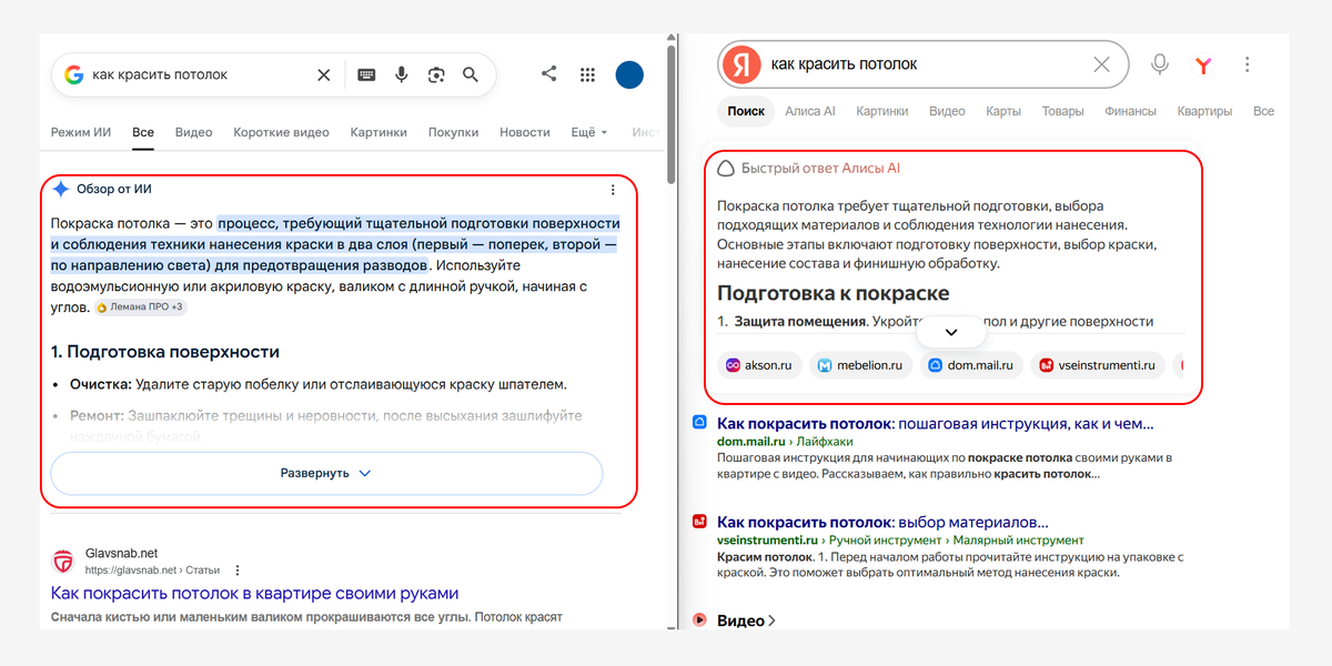 Блоки с ИИ-ответами в поисковиках Google и Яндекс