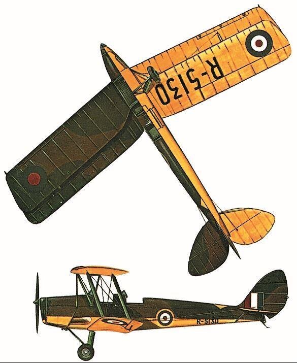 Самолет "De Havilland Tiger Moth II", Королевский BBC, осень 1940 года . Двигатель: 130-сильный "Gypsy Major I" с V-образным расположением цилиндров. Размах крыла: 8,94 м (29 футов 4 дюйма). Длина: 7,34 м (23 фута 11 дюймов). Высота: 2,68 м (8 футов 9 1/2 дюйма). Взлетный вес: 828 кг (1825 фунтов). Максимальная скорость: 175 км/ч (109 миль/ч) на высоте 305 м (1000 футов). Практический потолок: 4145 м (13600 футов). Дальность полета: 486 км (302 мили). Без вооружения.