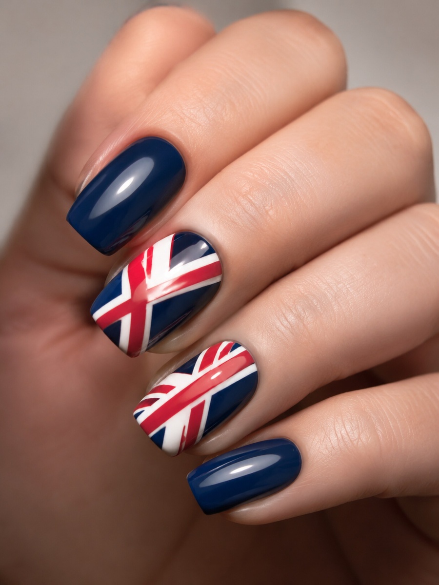    Маникюр в стиле Union Jack на коротких квадратных ногтях со стилизованным британским флагом.