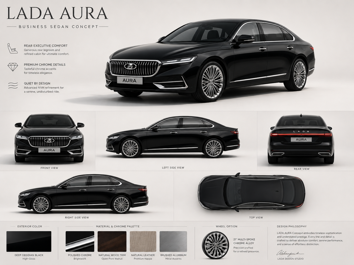 Мой личный концепт LADA Aura: чёрный бизнес-седан с хромом, узкой оптикой, спокойными линиями и цельной задней световой полосой.