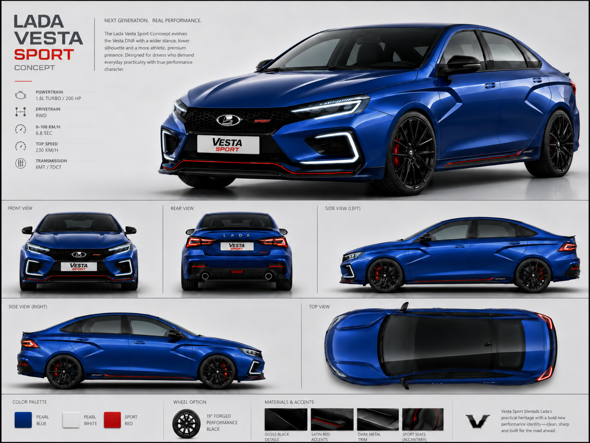 Мой личный концепт LADA Vesta Sport: перламутрово-синий кузов, агрессивные чёрные диски, новая оптика, спортивные акценты и более дорогой образ.