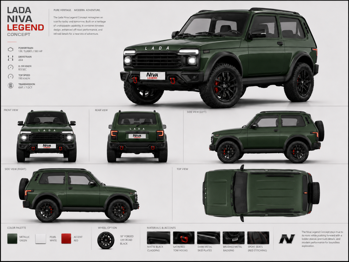 Мой личный концепт LADA Niva Legend: зелёный металлик, новый передок, современная оптика, полный привод 4x4 и более дорогой внедорожный образ.