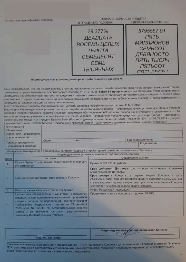Кредитный договор в АО "Кредит Европа Банк"