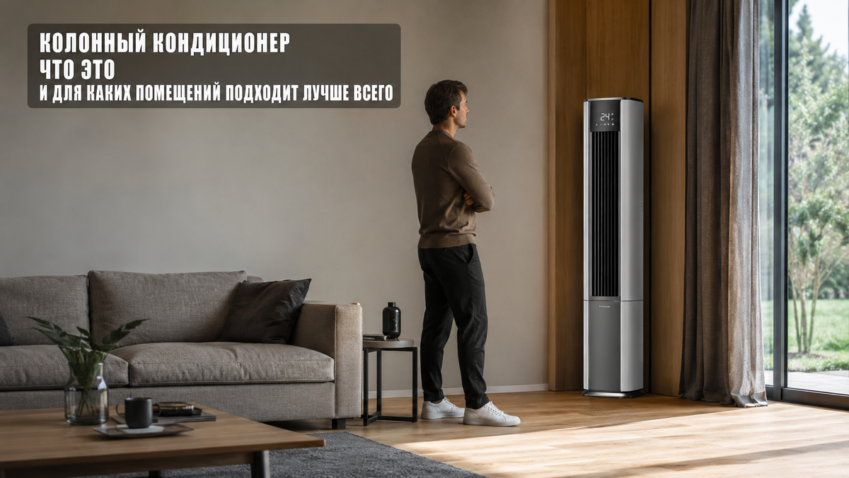 колонный кондиционер в интерьере, применение в помещении, эффективное охлаждение