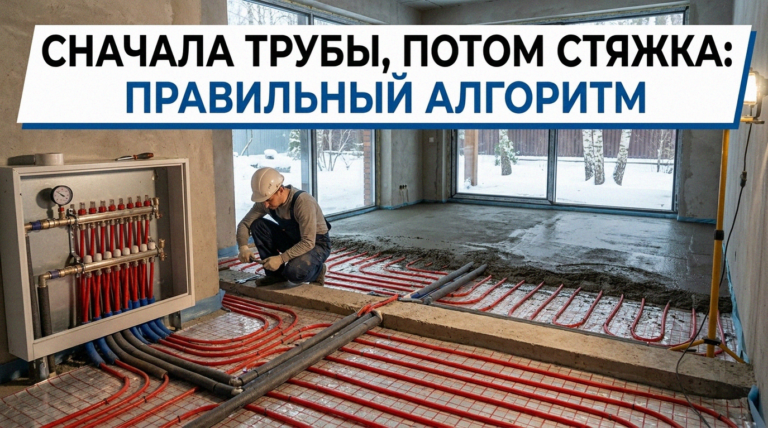    Правильная последовательность: сначала разводка отопления, затем стяжка.