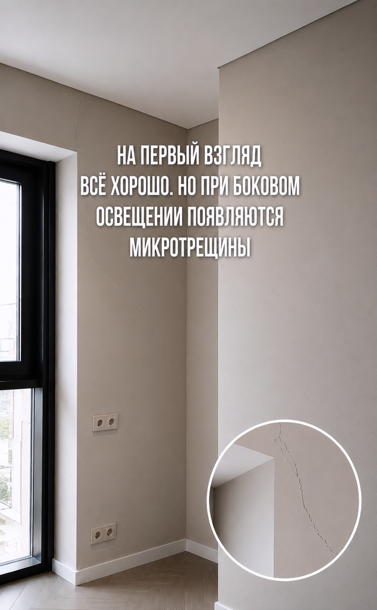 На фото микротрещины под увеличением при боковом освещении. Стена без использования малярного флизелина