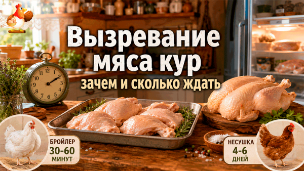 Вызревание мяса кур перед готовкой бройлеров, мясояичных и несушек по времени 🍖🍗🐔