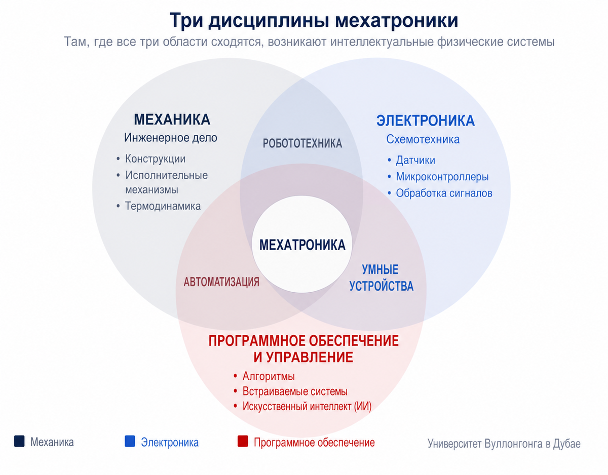    Инженер-мехатроник работает на пересечении трех областей. Его задача — не просто сконструировать механизм или написать программу, а превратить механику, электронику и программное обеспечение в единую систему.Университет Вуллонгонга в Дубае