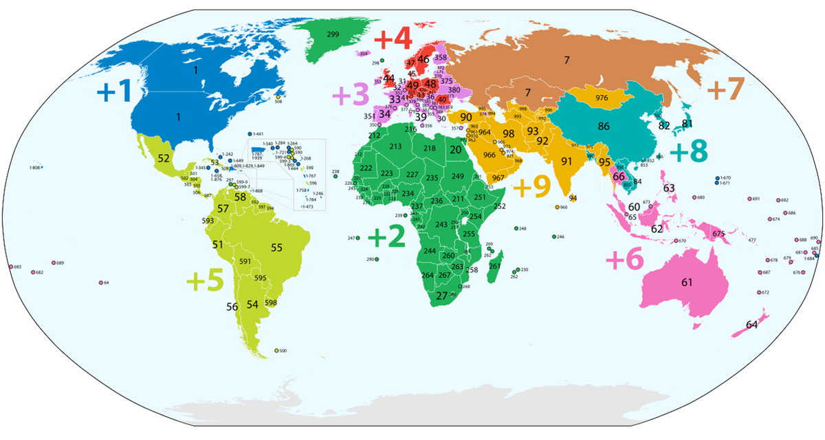 Карта планеты, разбитая на 9 географических зон, различными цветами указана первая цифра кодов стран. Источник фото: https://ru.wikipedia.org/wiki/Телефонные_коды_стран
