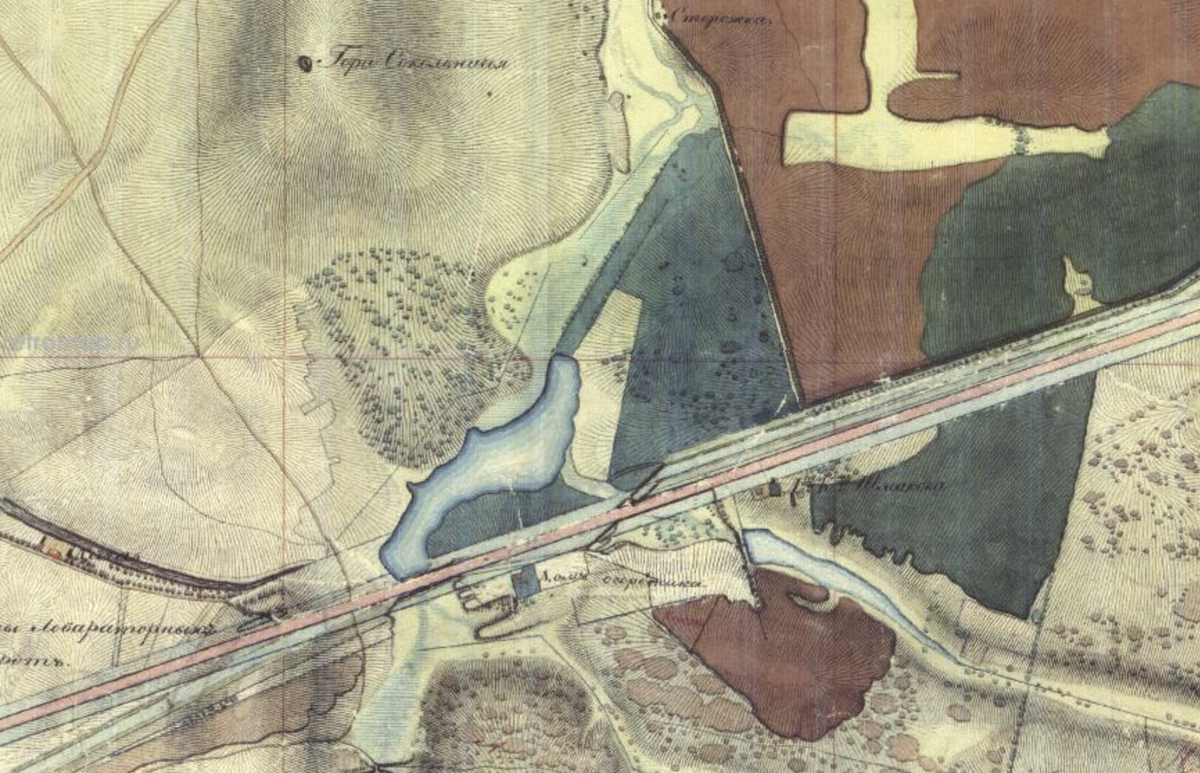Пруд (правее) на карте 1838 года. С сайта www.retromap.ru.