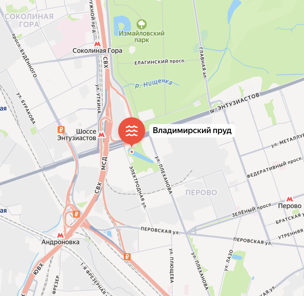 Владимирский пруд на современной карте Москвы. Яндекс.Карты.