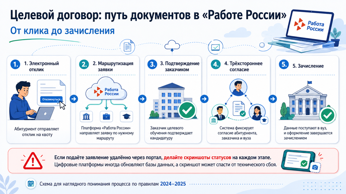 Схема этапов целевого обучения через портал “Работа России»: от электронного отклика до зачисления в вуз.