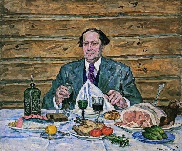Кончаловский П. П., А. Н. Толстой в гостях у художника, 1940–1941, Холст, масло. 142 х 168, источник Виртуальны Русский музей