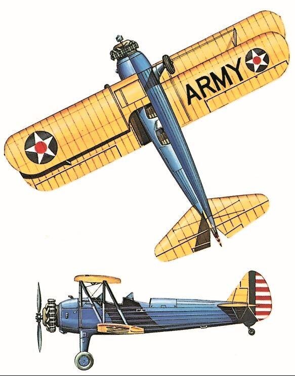 Самолет "Boeing" ("Stearman") RT-13D "Kaidet", ВВС США, 1942 год . Двигатель: радиальный "Lycoming" R-680-17 мощностью 220 лошадиных сил. Размах крыла: 9,80 м (32 фута 2 дюйма). Длина: 7,63 м (25 футов 1/4 дюйма). Высота: 2,79 м (9 футов 2 дюйма). Взлетный вес: 1232 кг (2717 фунтов). Максимальная скорость: 200 км/ч (124 мили в час) над уровнем моря. Практический потолок: 3475 м (11400 футов). Дальность полета: 813 км (505 миль). Без вооружения.