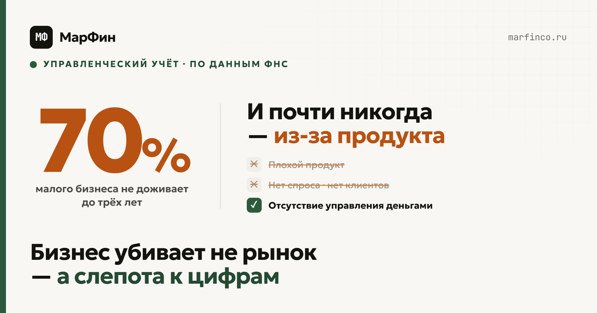 Главная мысль: бизнесы закрываются не из-за плохого продукта, а из-за отсутствия управления деньгами. Цифра 70% — из данных ФНС, как в тексте.