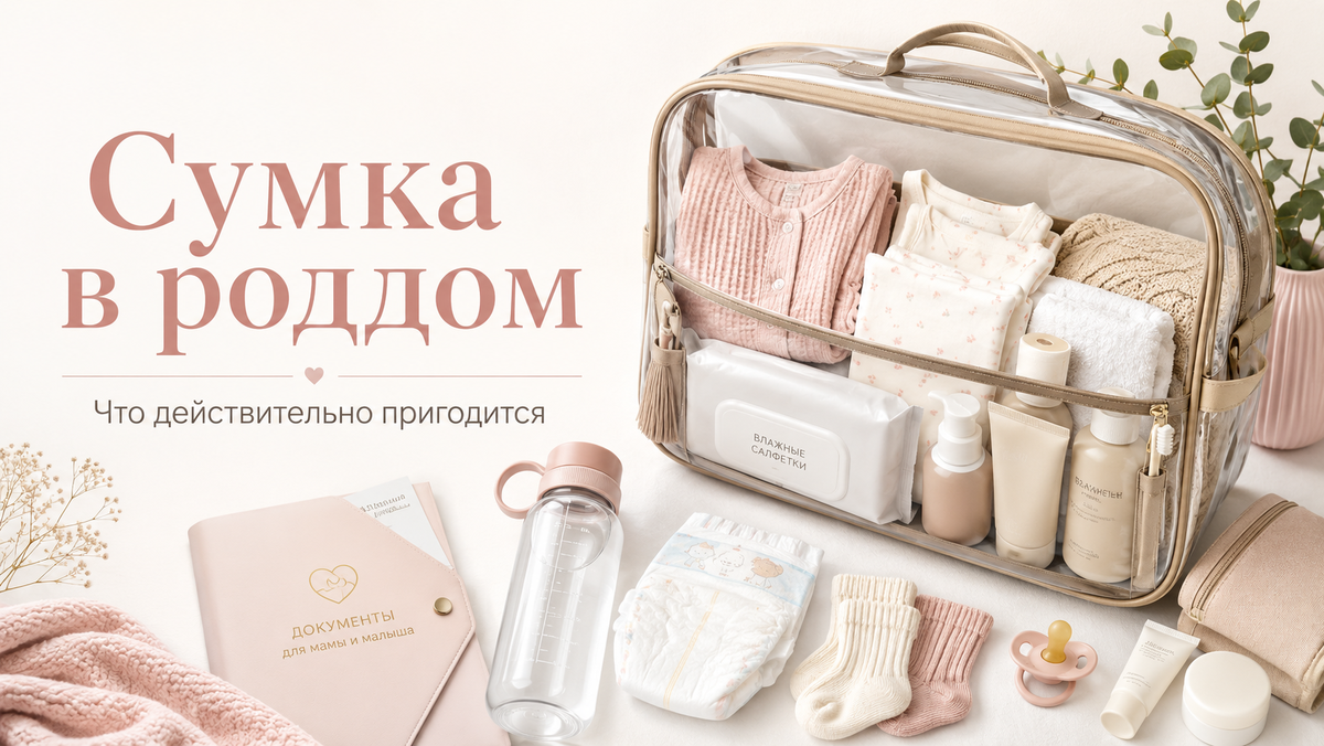 Сумка в роддом с вещами для мамы и малыша: одежда, подгузники, документы, бутылка воды и средства ухода