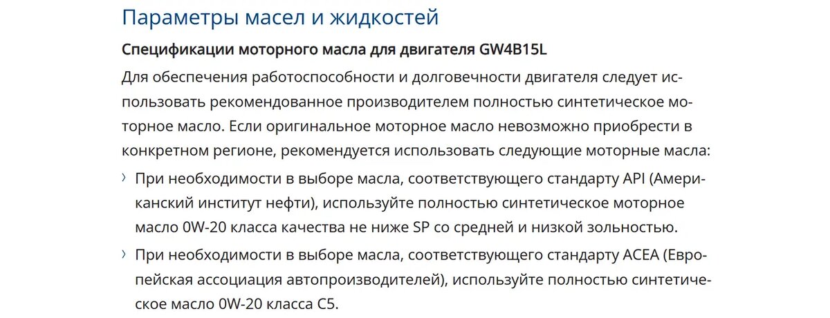Спецификации моторного масла для двигателя GW4B15L Haval H3