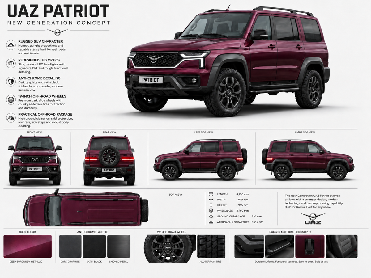 Мой личный концепт УАЗ Patriot : глубокий бордово-малиновый цвет, антихром, 19-дюймовые внедорожные диски, новая передняя и задняя часть, но без ощущения китайской копии.