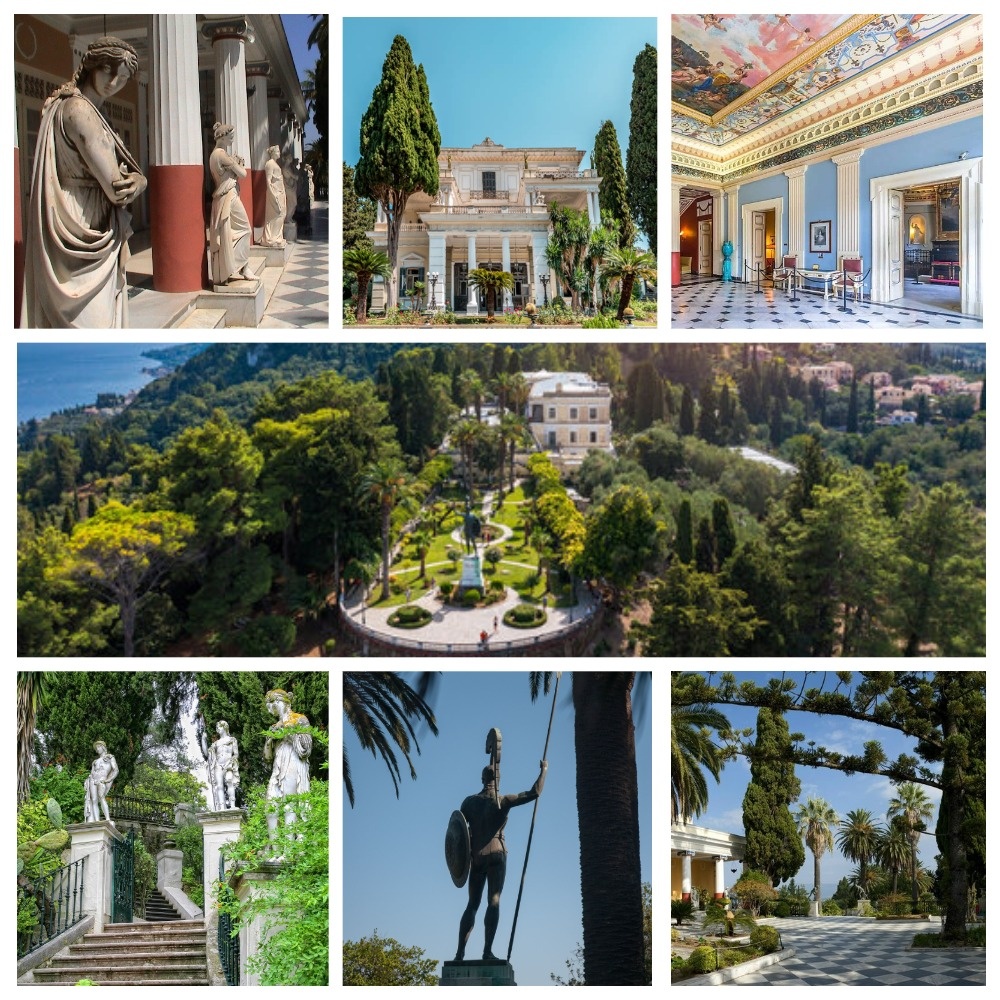 Ахиллеон на Корфу. В коллаже — фасад дворца, садовые террасы, статуи Ахилла и античные мотивы интерьеров. Дворец был построен для императрицы Елизаветы Австрийской как личное убежище на острове, где античная мечта соединялась с видом на Ионическое море.