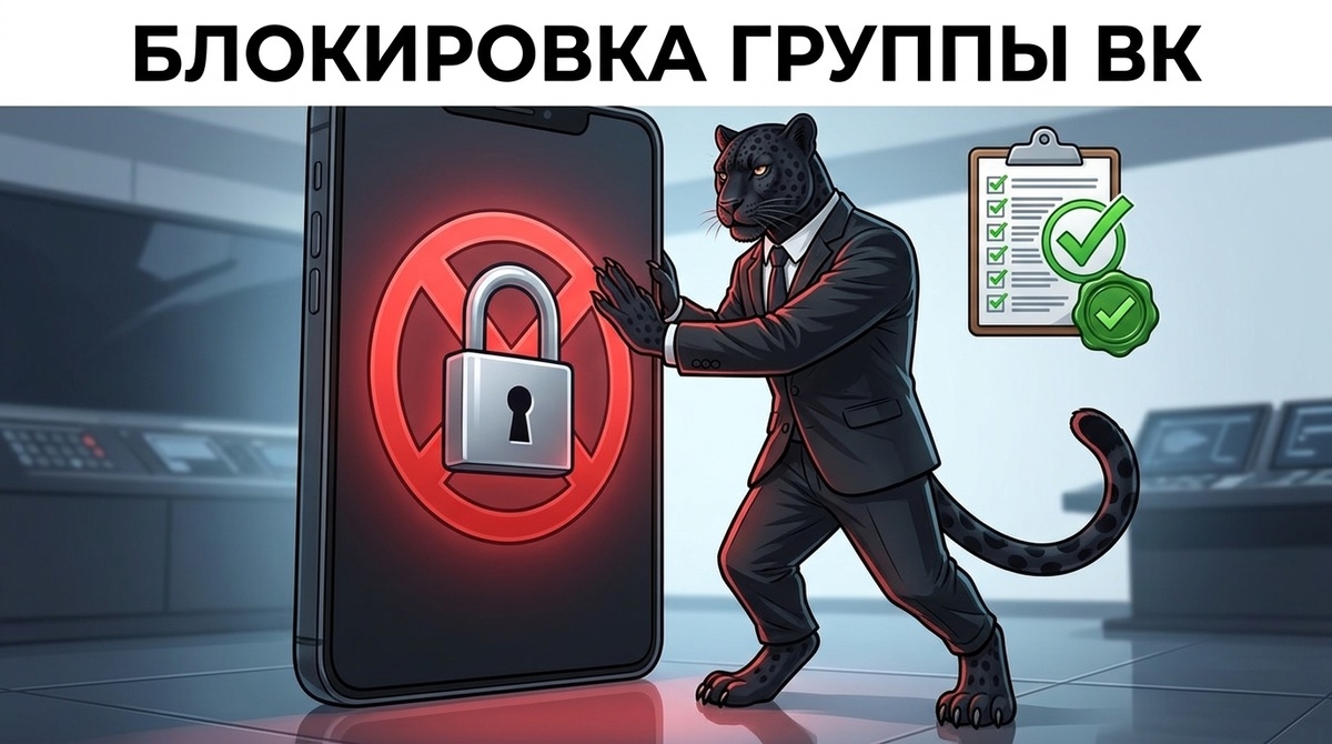 Пантера упёрлась лапами в смартфон с замком на экране, вокруг парят иконки жалоб.