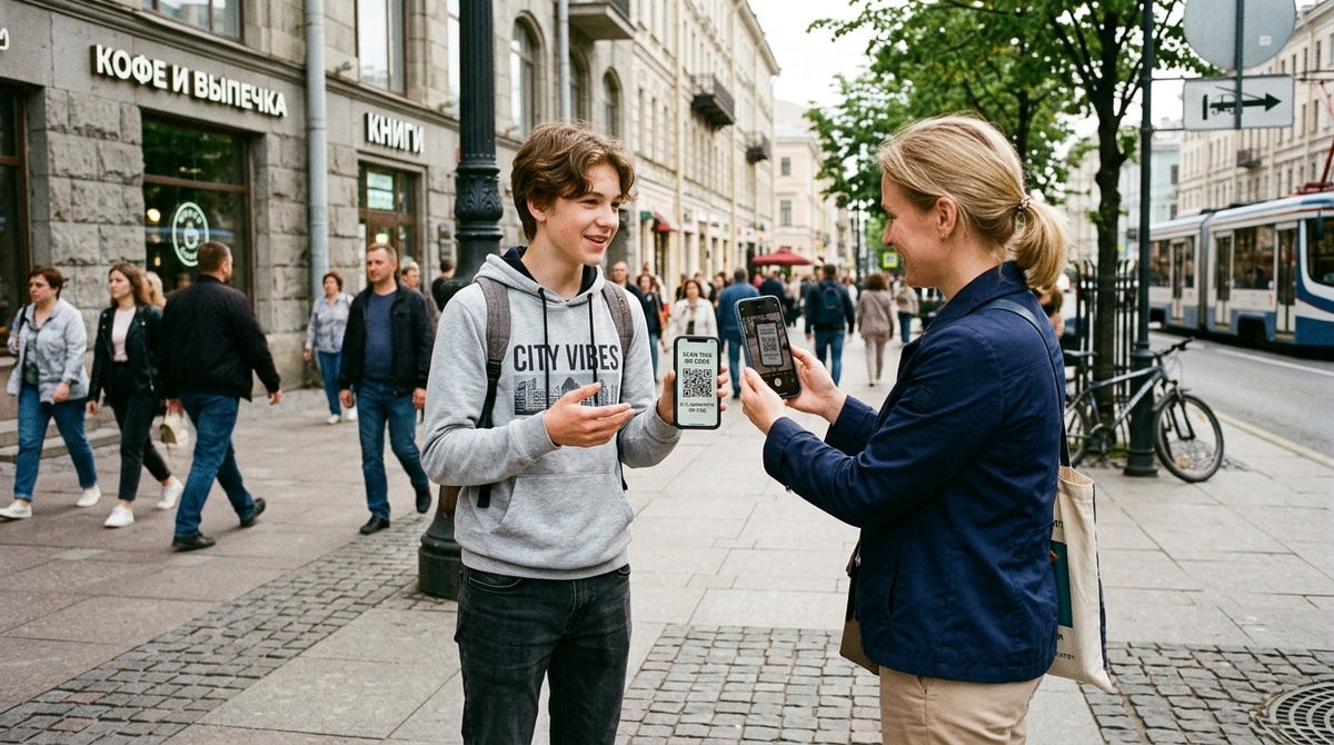 Подросток на улице с телефоном - схема мошенничества с iPhone через QR-код.