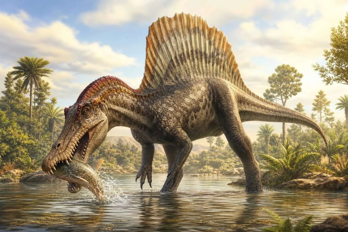    Spinosaurus mirabilis на мелководье реки в лесистой местности древнего Нигера — «адская цапля» с характерным саблевидным гребнем, покрытым кератином, выслеживает крупную рыбу